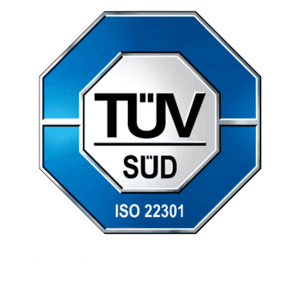 TÜV SÜD certification badge for ISO 223012019 with BCM ISO code and blue octagonal seal